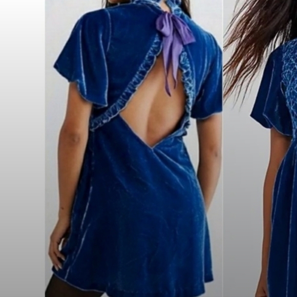 Free People Gumdrop Blue Velvet Ruffled Victorian Style Back Tunic Mini Dress L - Picture 2 of 8
